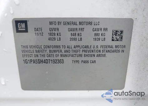 2013 Chevrolet Cruze Ls Auto из США, поврежденный, VIN 1G1PA5SH4D7192363